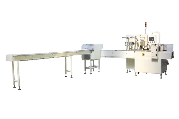 Envasadora horizontal flow pack SF-G sin bandeja con doble canal para galletas en posición vertical