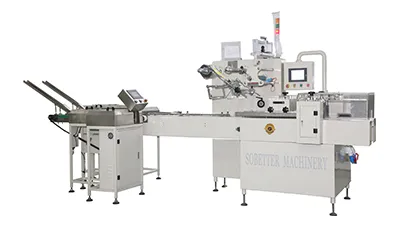 Envasadora horizontal flow pack SF-G sin bandeja con sistema multiservo para galletas en posición vertical
